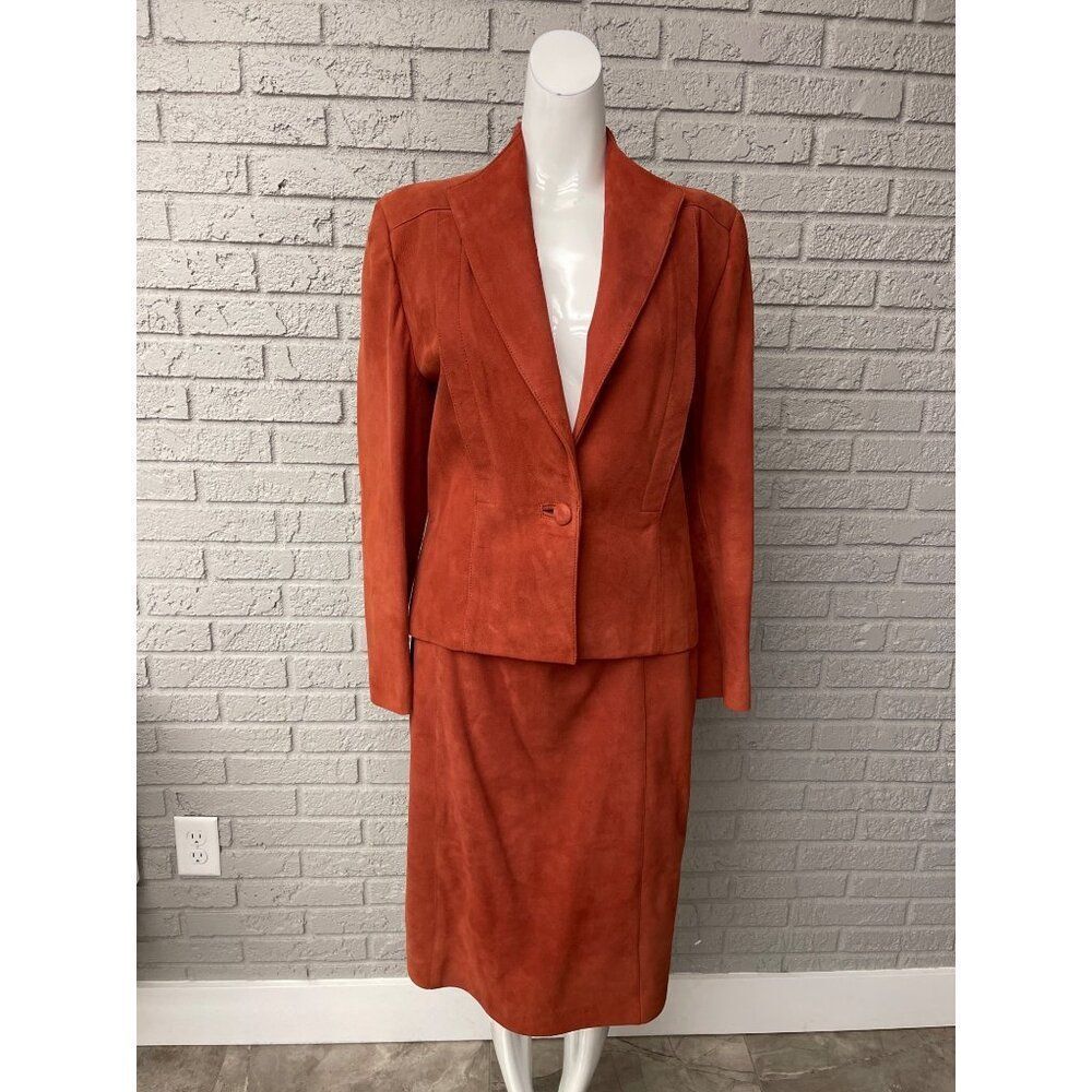 VTG Ode Lamb Suede One Button 2 Piece Skirt Long Sleeve jacket Suit Size S